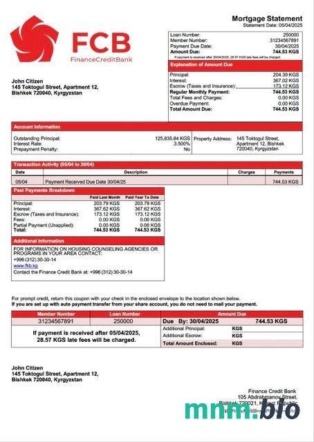 Kirgistan Bank Finance Credit wyciąg z kredytu hipotecznego szablon Word i PDF